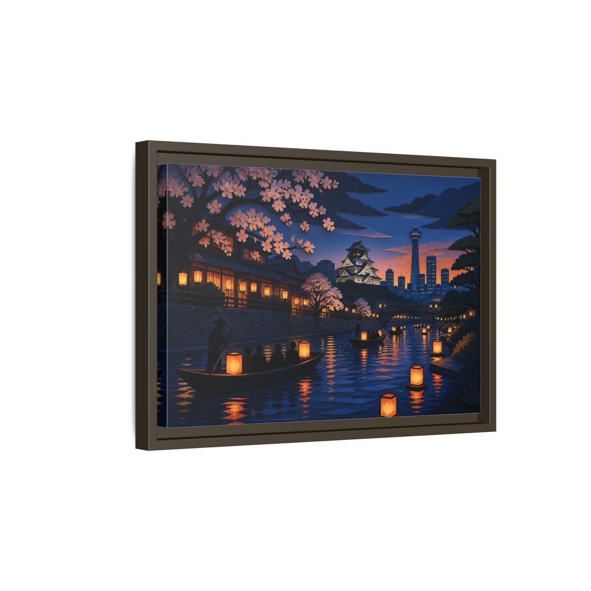 Side Mockup 5. Lantern Boats At Dusk shown as framed canvas print