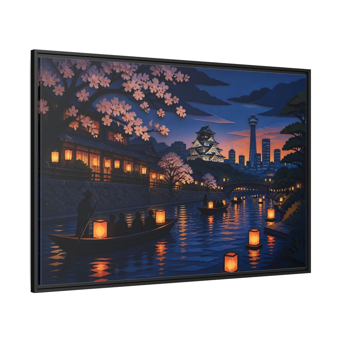 Side Mockup 12. Lantern Boats At Dusk shown as framed canvas print