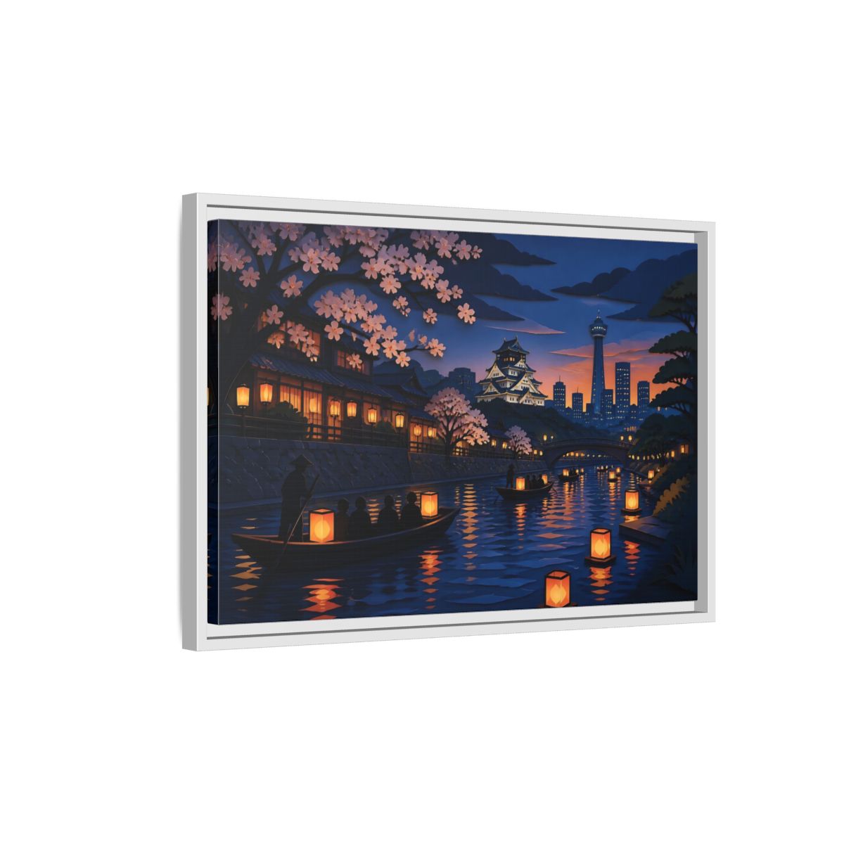 Side Mockup 1. Lantern Boats At Dusk shown as framed canvas print