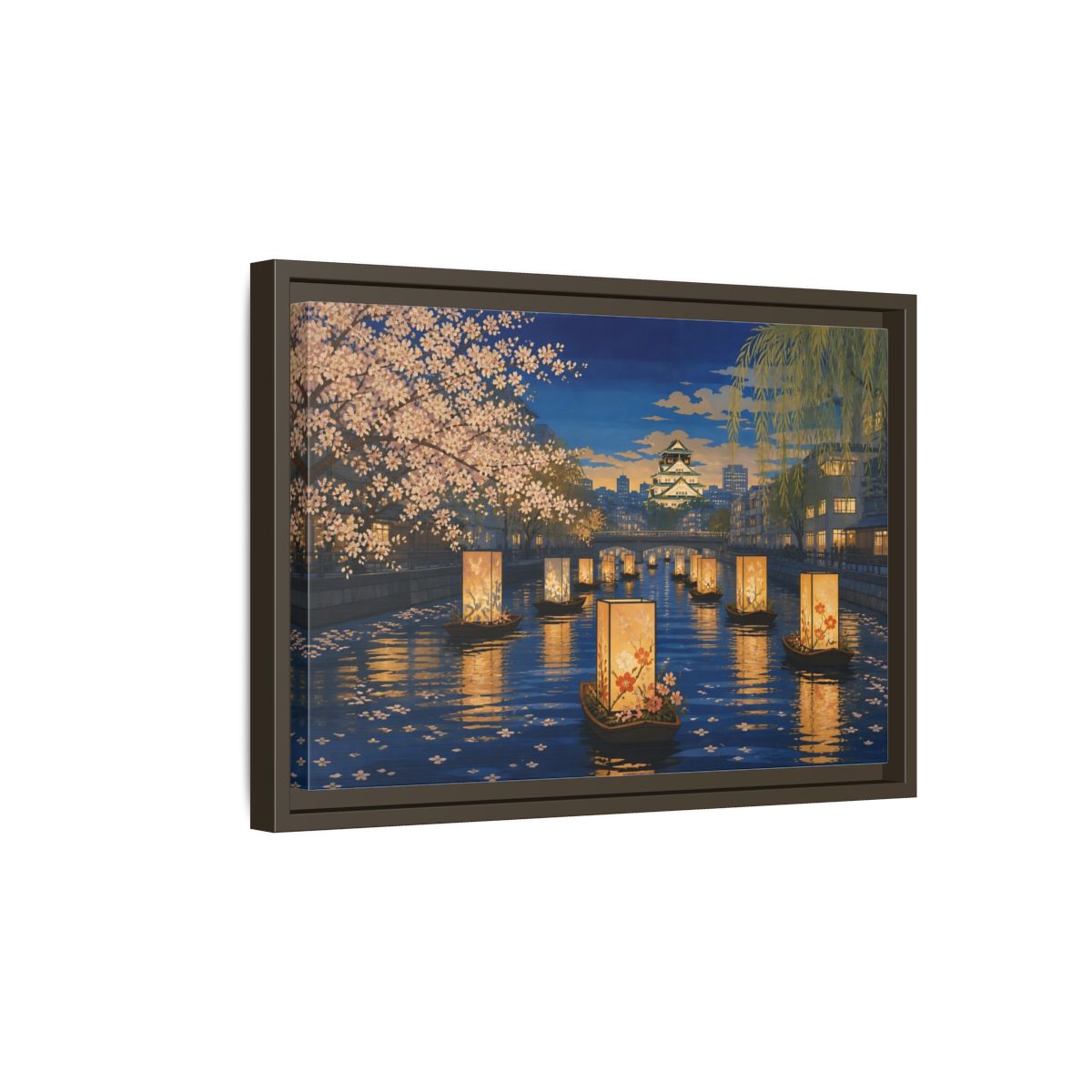 Side Mockup 5. Lantern Boats At Dusk shown as framed canvas print