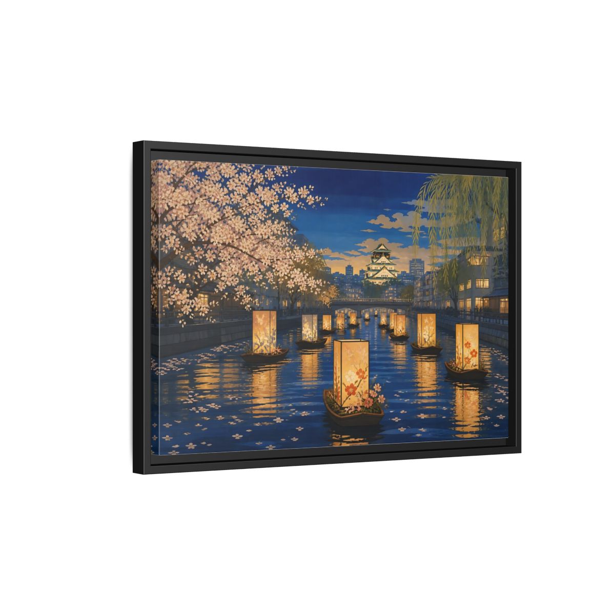 Side Mockup 3. Lantern Boats At Dusk shown as framed canvas print