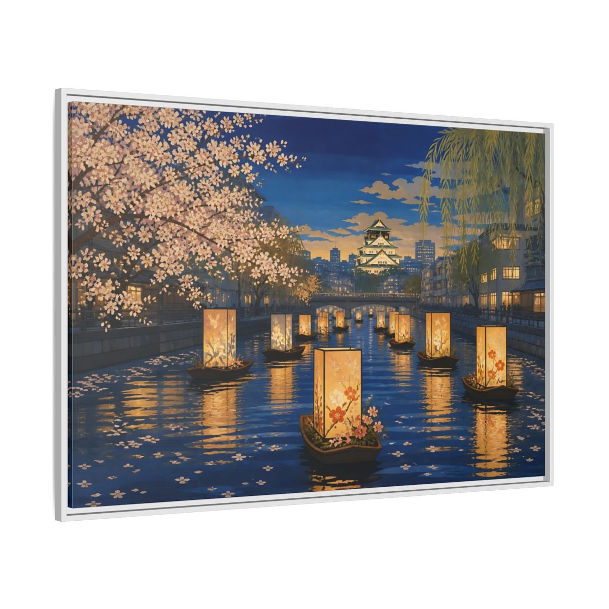 Side Mockup 7. Lantern Boats At Dusk shown as framed canvas print