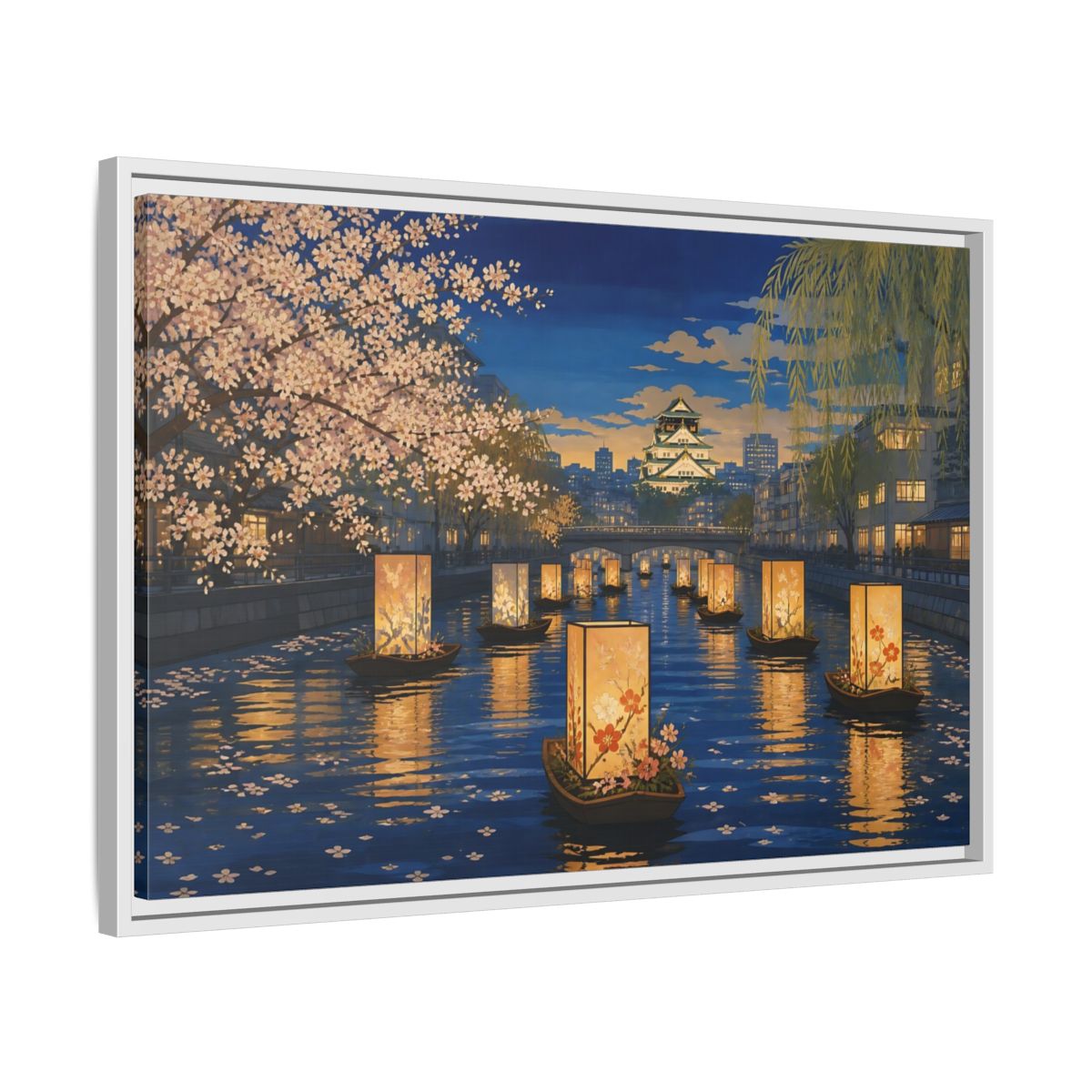 Side Mockup 10. Lantern Boats At Dusk shown as framed canvas print