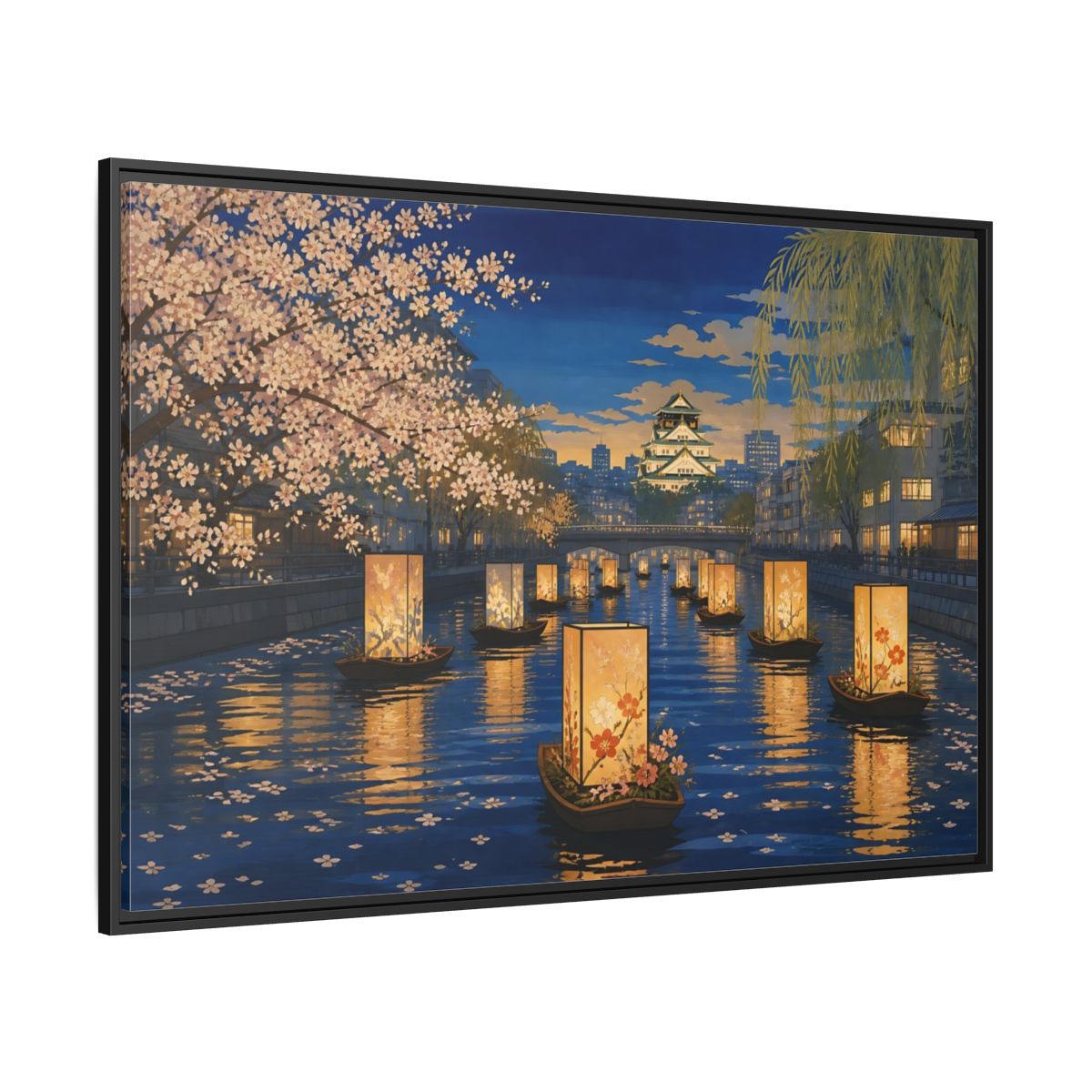 Side Mockup 12. Lantern Boats At Dusk shown as framed canvas print