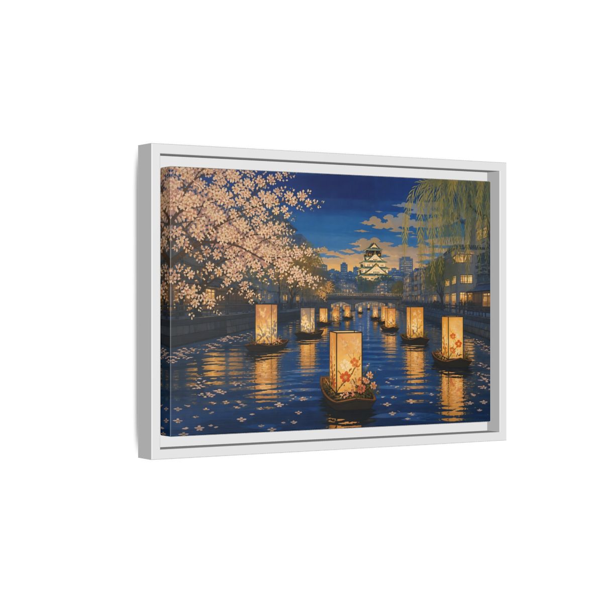 Side Mockup 4. Lantern Boats At Dusk shown as framed canvas print