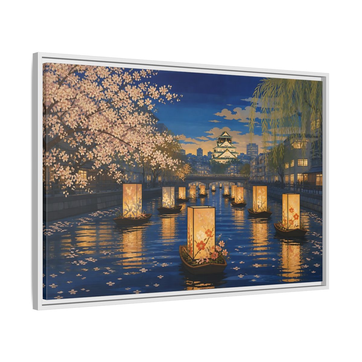 Side Mockup 9. Lantern Boats At Dusk shown as framed canvas print