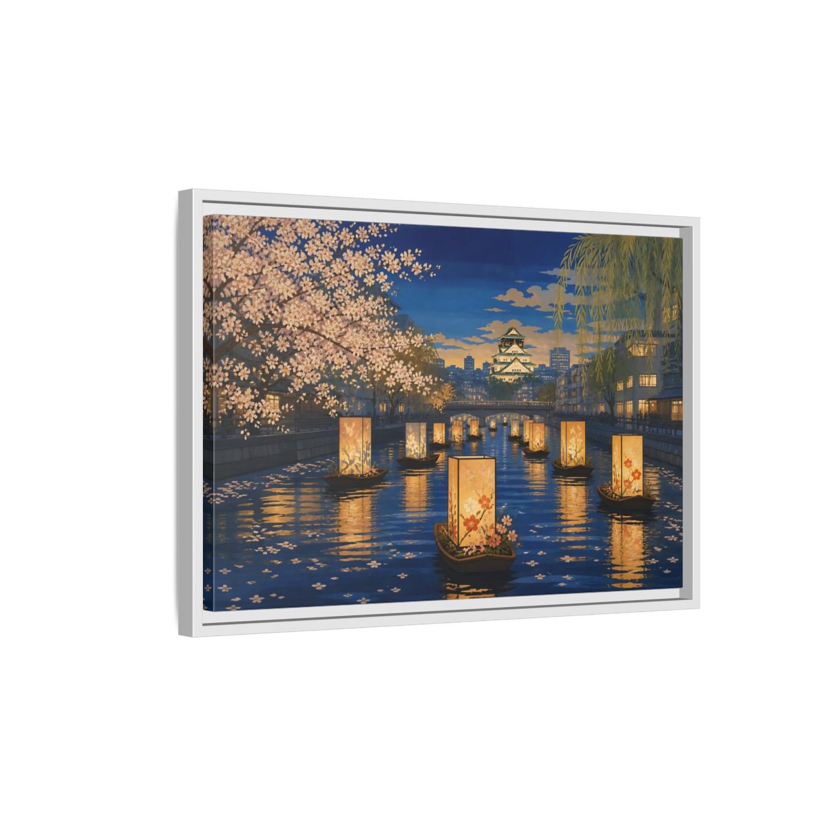 Side Mockup 1. Lantern Boats At Dusk shown as framed canvas print