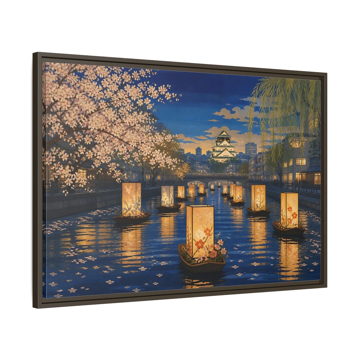 Main Mockup. Lantern Boats At Dusk shown as framed canvas print