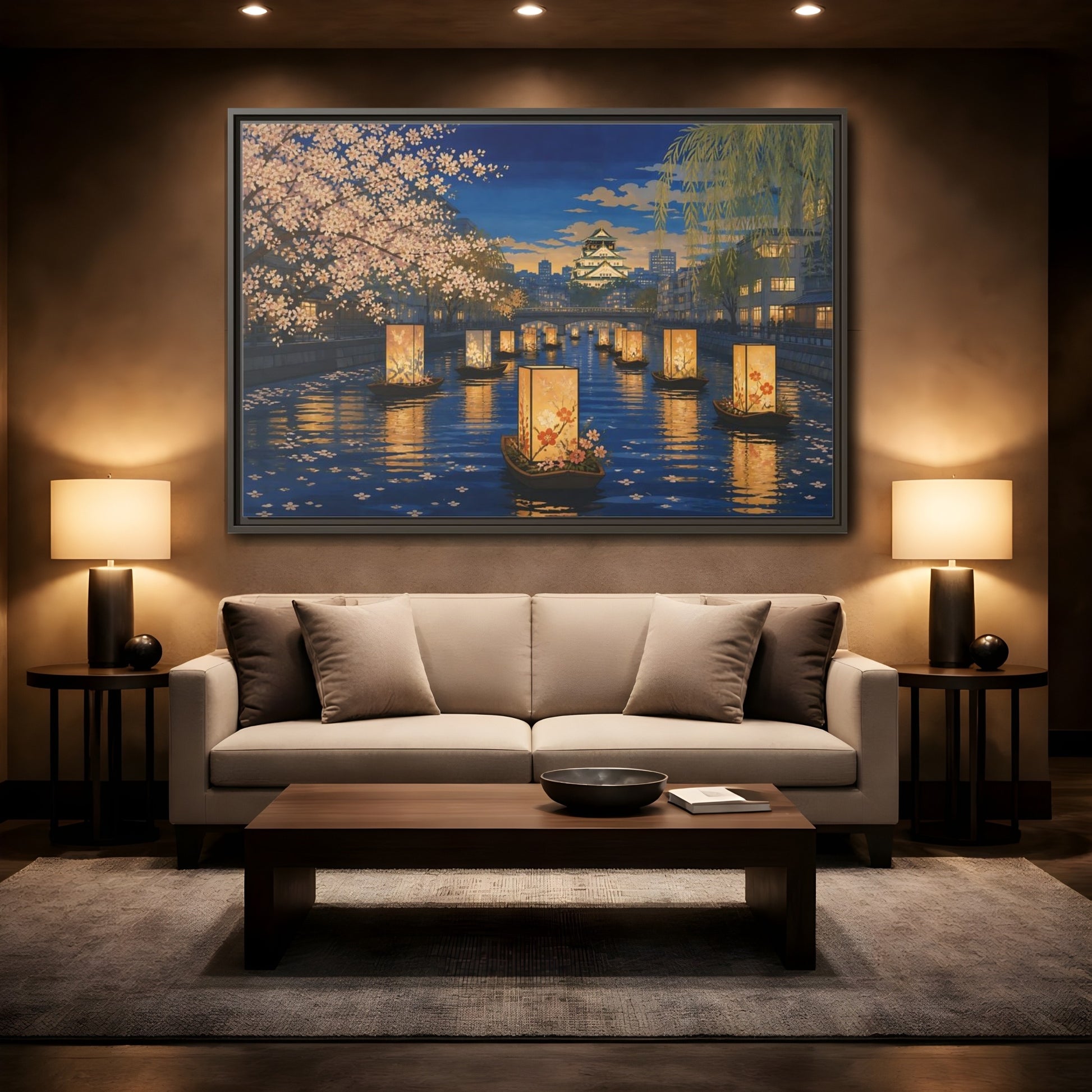 Mockup 2. Lantern Boats At Dusk shown as framed canvas print