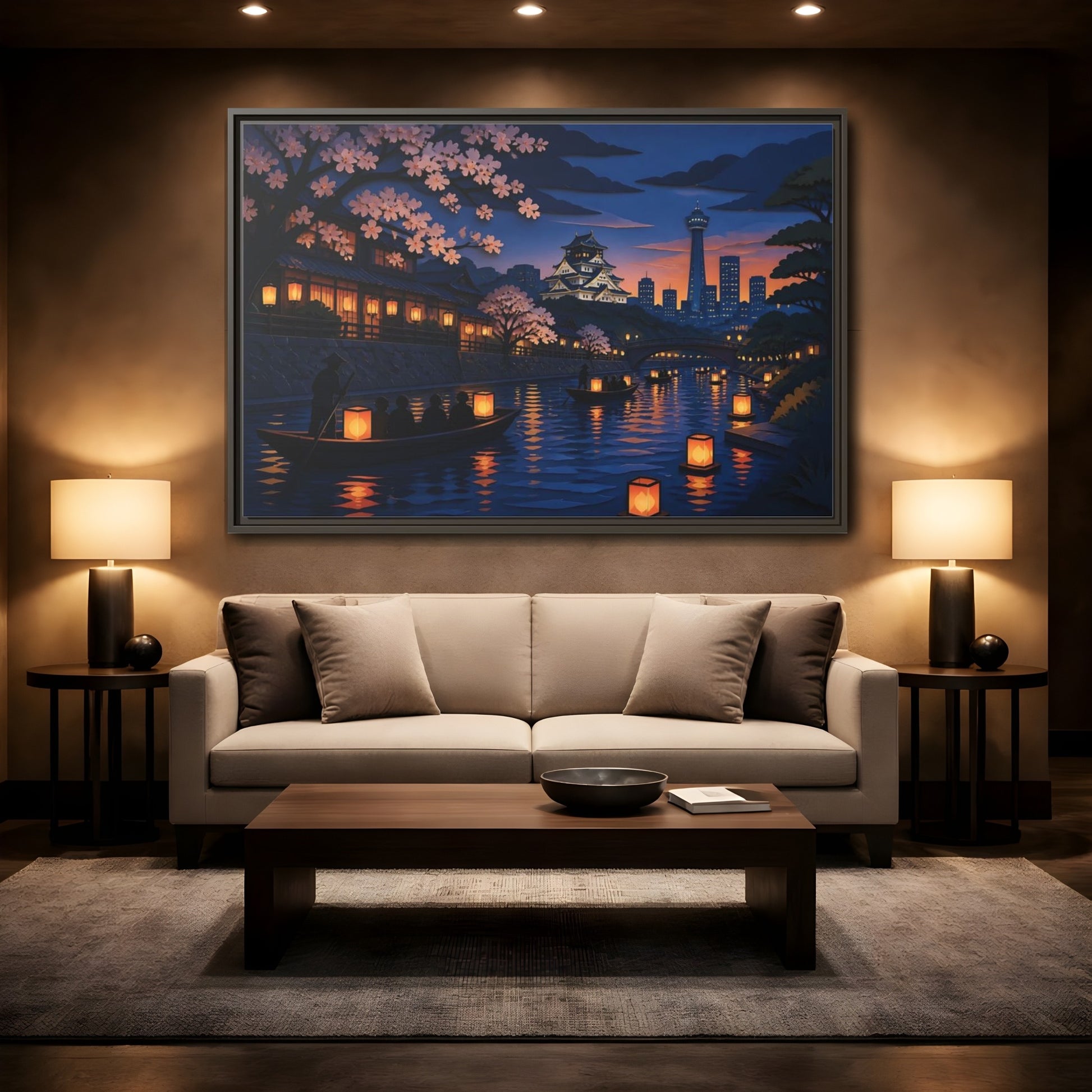 Mockup 2. Lantern Boats At Dusk shown as framed canvas print