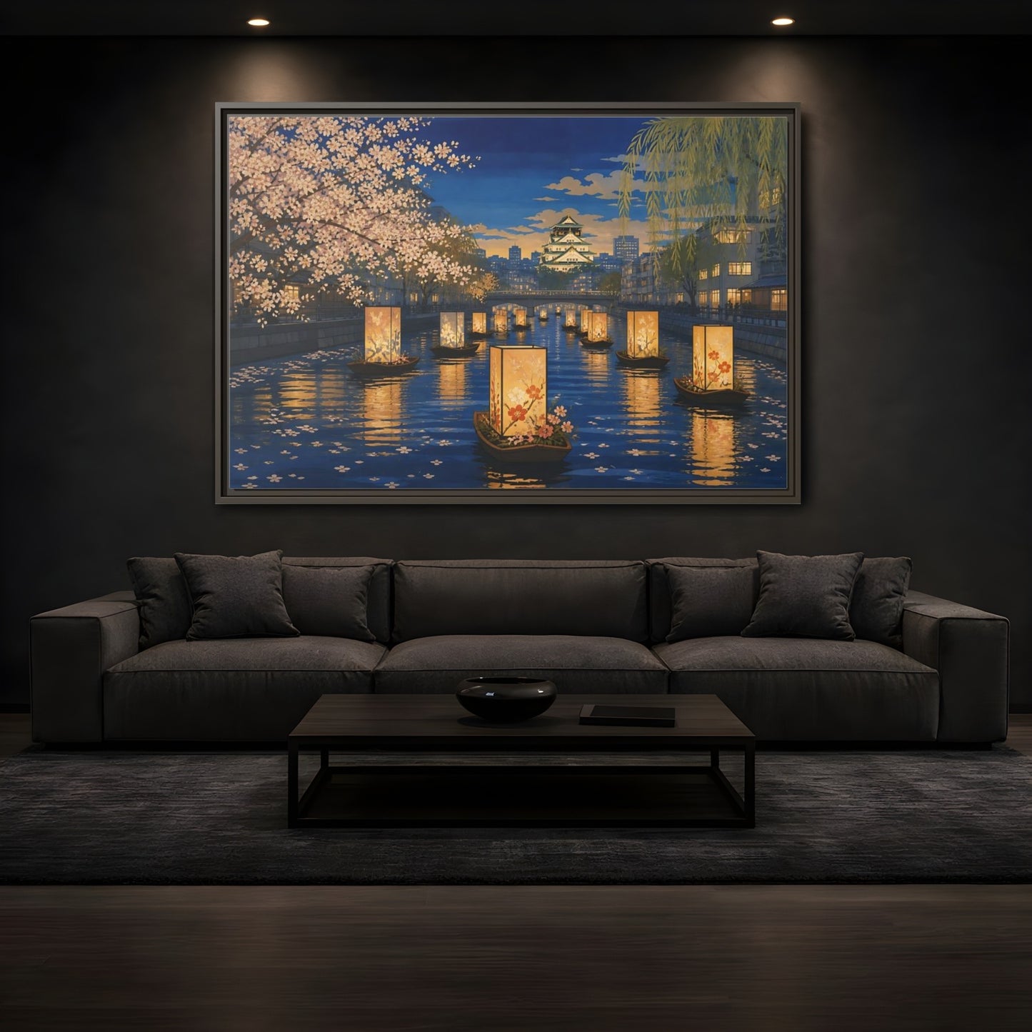 Mockup 3. Lantern Boats At Dusk shown as framed canvas print
