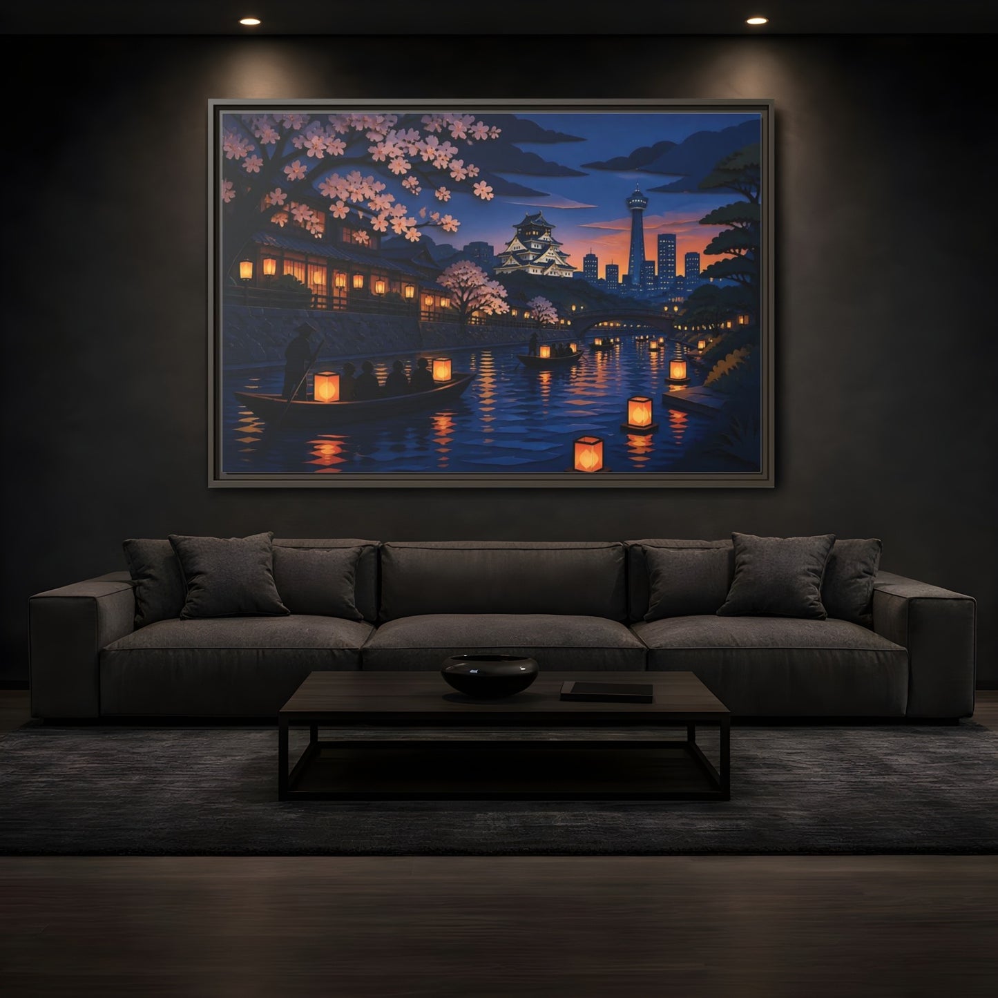 Mockup 3. Lantern Boats At Dusk shown as framed canvas print