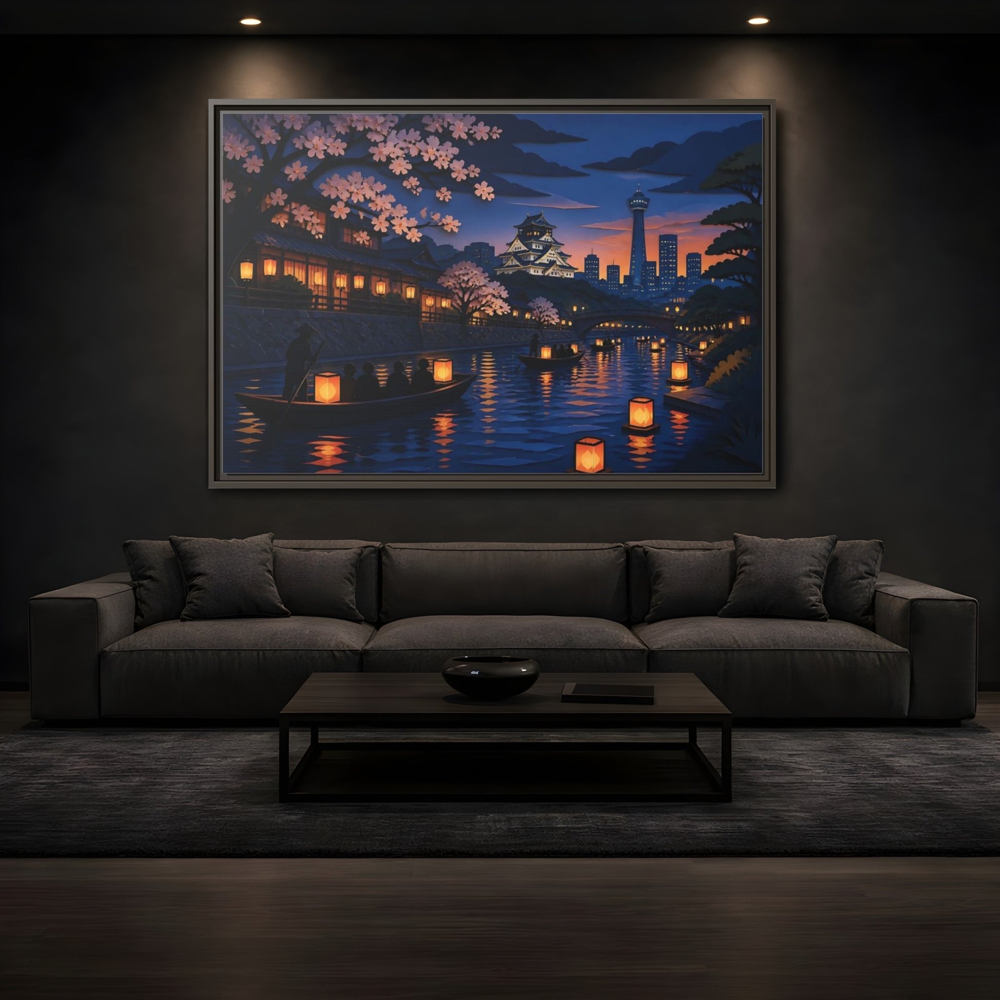 Mockup 3. Lantern Boats At Dusk shown as framed canvas print