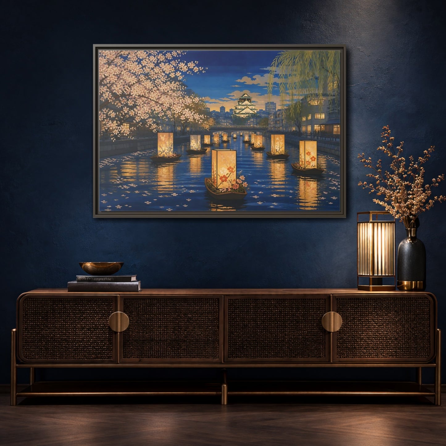 Mockup 4. Lantern Boats At Dusk shown as framed canvas print