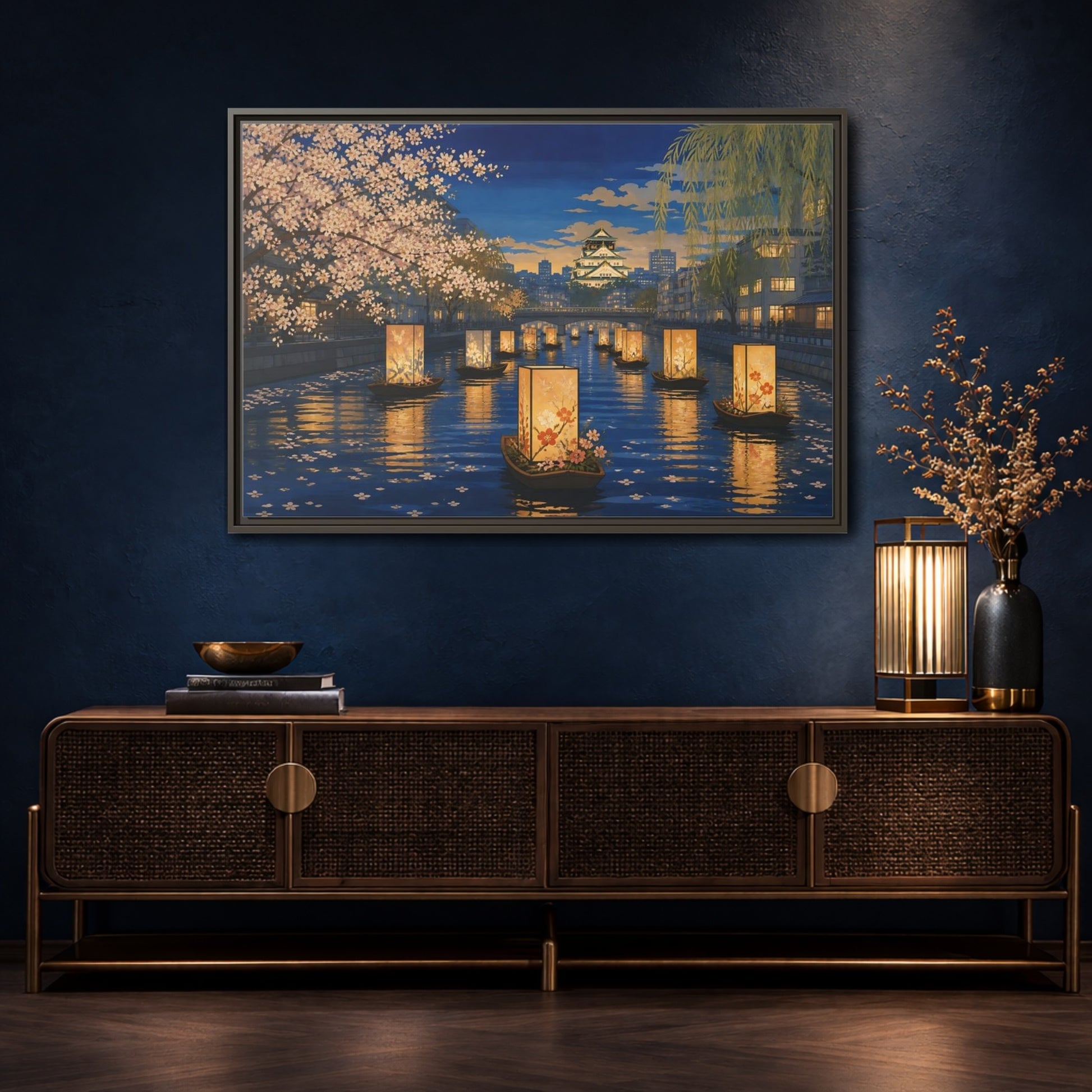 Mockup 4. Lantern Boats At Dusk shown as framed canvas print