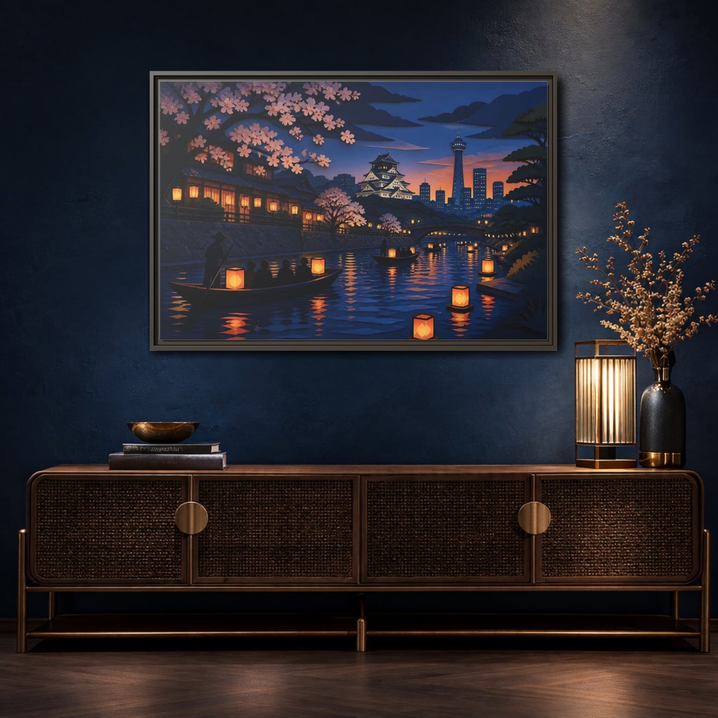 Mockup 4. Lantern Boats At Dusk shown as framed canvas print