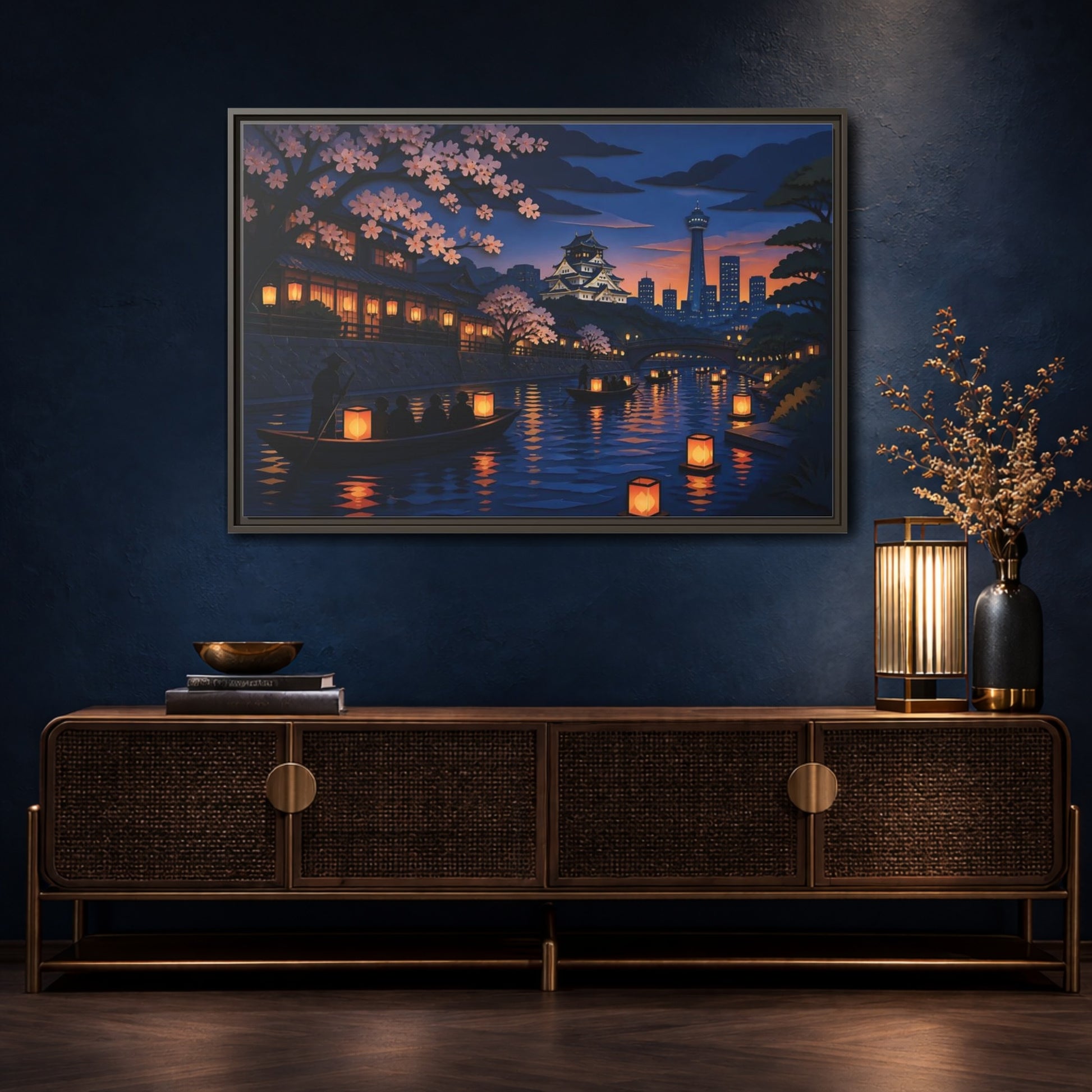 Mockup 4. Lantern Boats At Dusk shown as framed canvas print