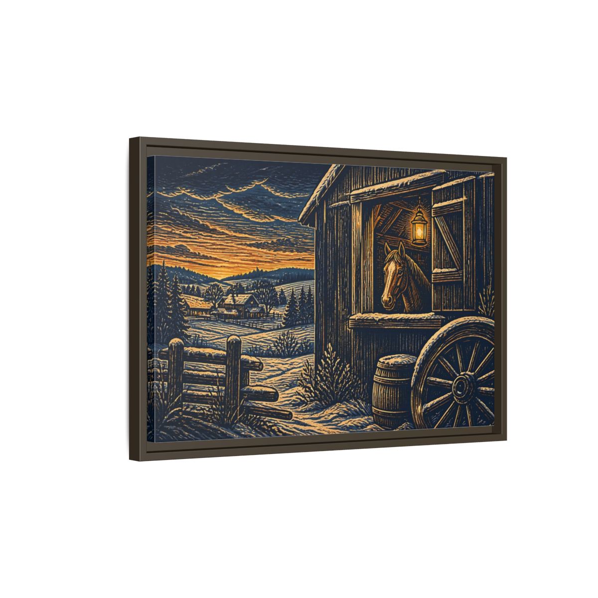 Side Mockup 2. Lantern-Lit Barn Horse shown as framed canvas print