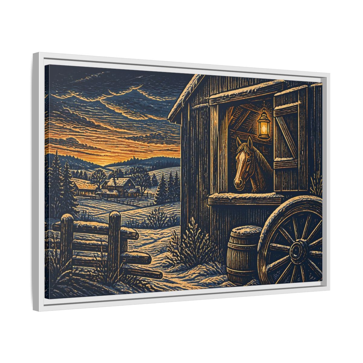 Side Mockup 10. Lantern-Lit Barn Horse shown as framed canvas print