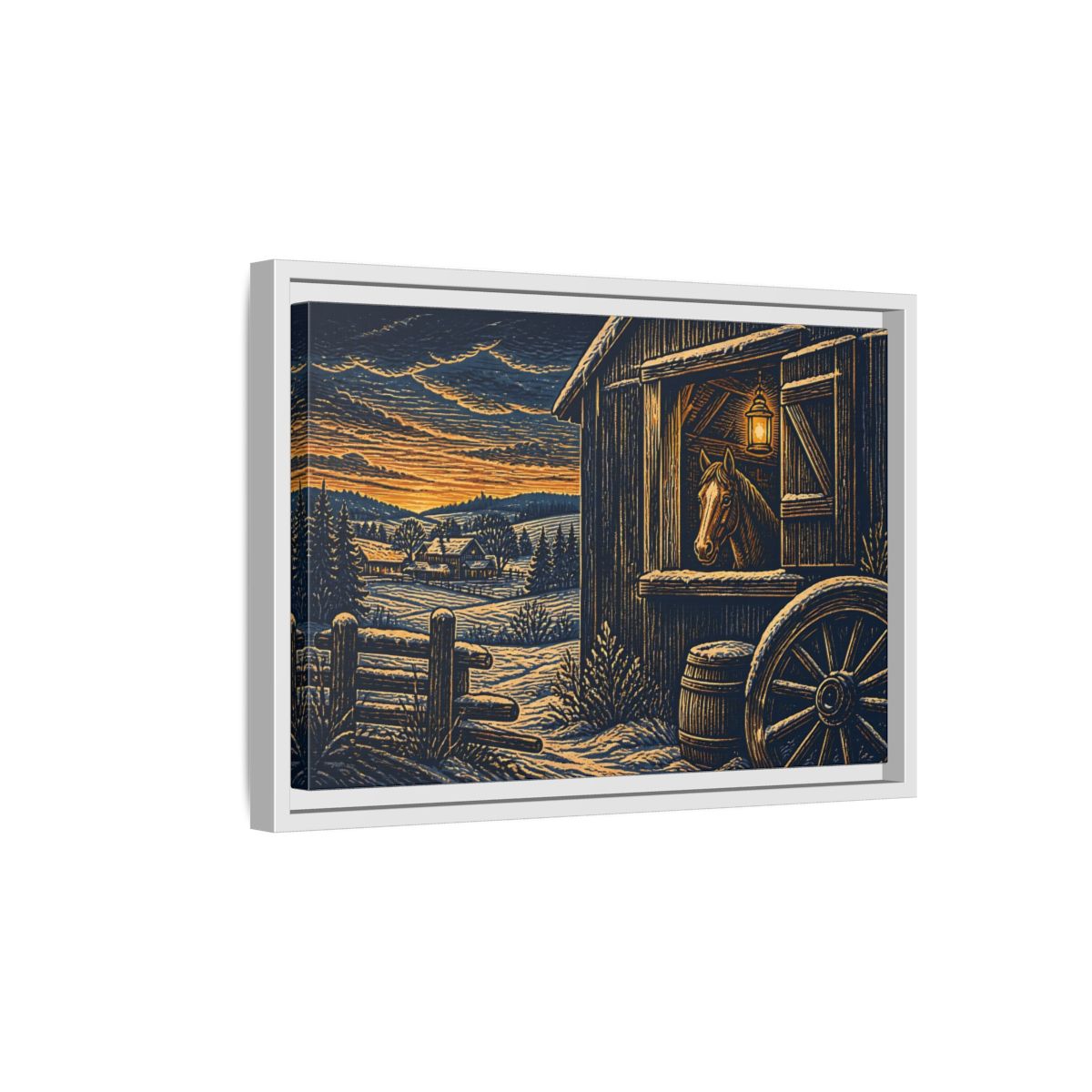 Side Mockup 4. Lantern-Lit Barn Horse shown as framed canvas print