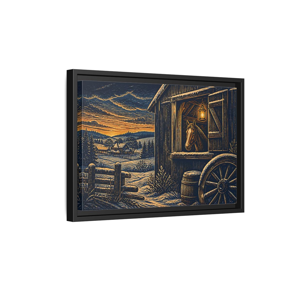 Side Mockup 6. Lantern-Lit Barn Horse shown as framed canvas print