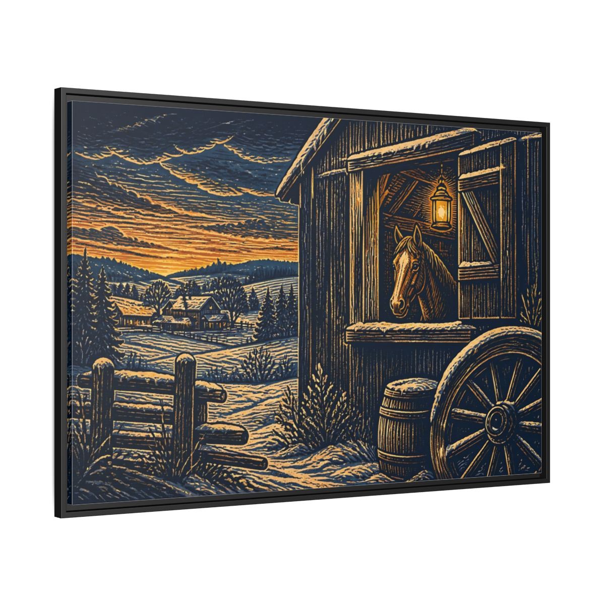 Side Mockup 12. Lantern-Lit Barn Horse shown as framed canvas print