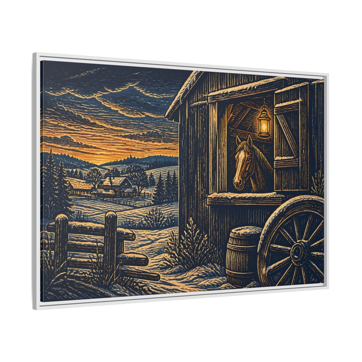 Side Mockup 7. Lantern-Lit Barn Horse shown as framed canvas print