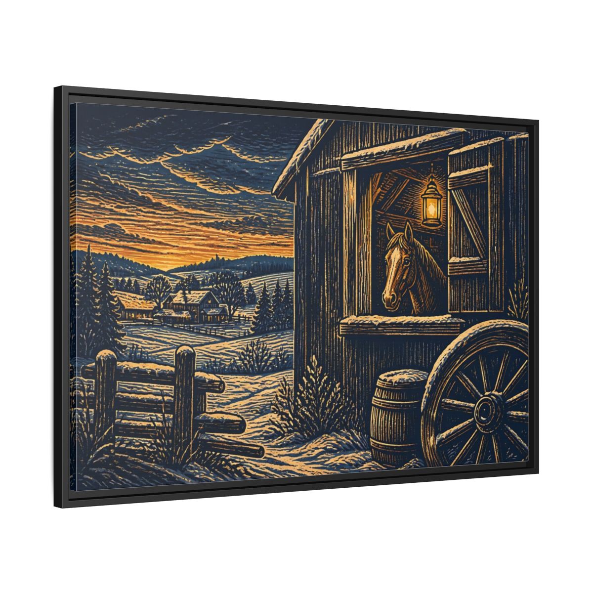 Side Mockup 13. Lantern-Lit Barn Horse shown as framed canvas print