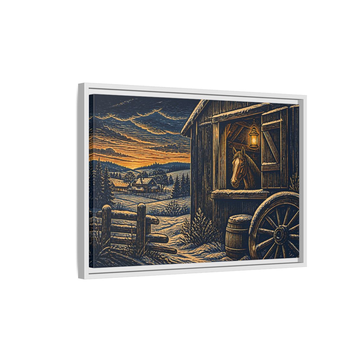 Side Mockup 1. Lantern-Lit Barn Horse shown as framed canvas print