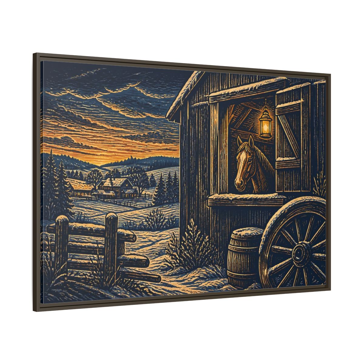 Side Mockup 8. Lantern-Lit Barn Horse shown as framed canvas print