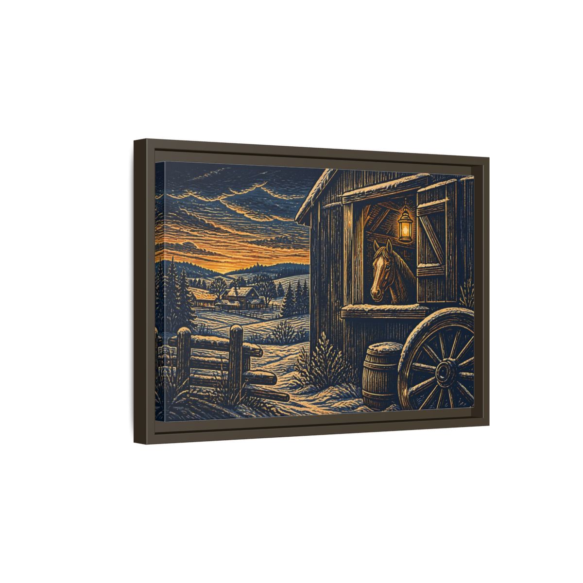 Side Mockup 5. Lantern-Lit Barn Horse shown as framed canvas print