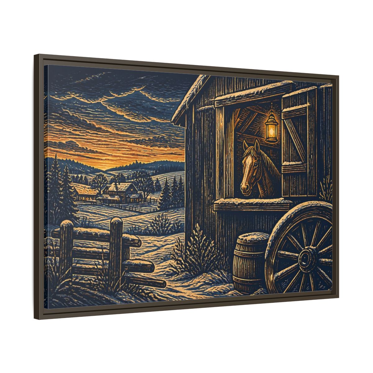 Main Mockup. Lantern-Lit Barn Horse shown as framed canvas print
