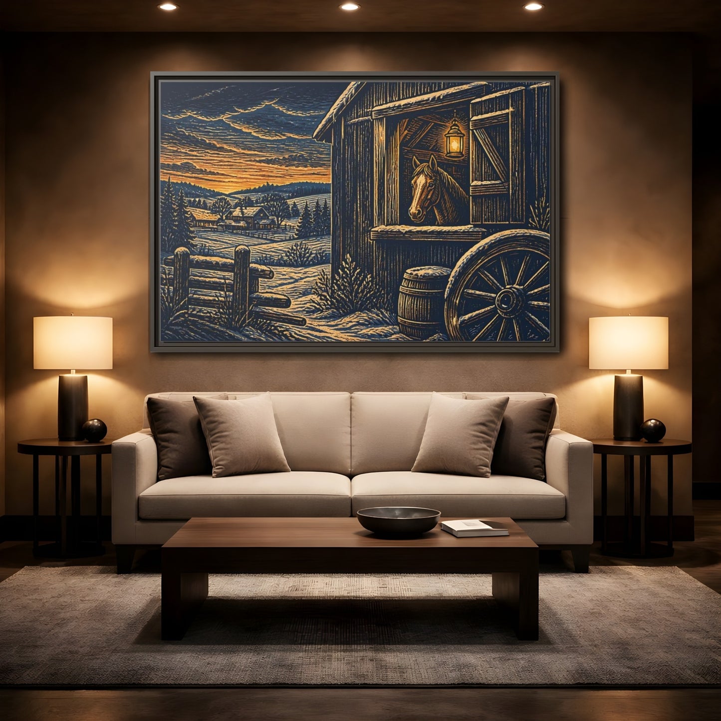 Mockup 2. Lantern-Lit Barn Horse shown as framed canvas print