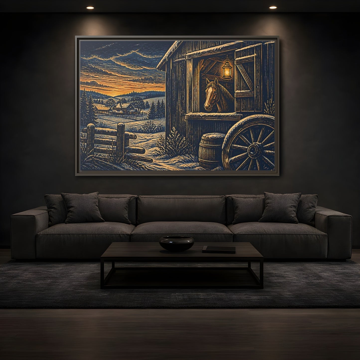 Mockup 3. Lantern-Lit Barn Horse shown as framed canvas print