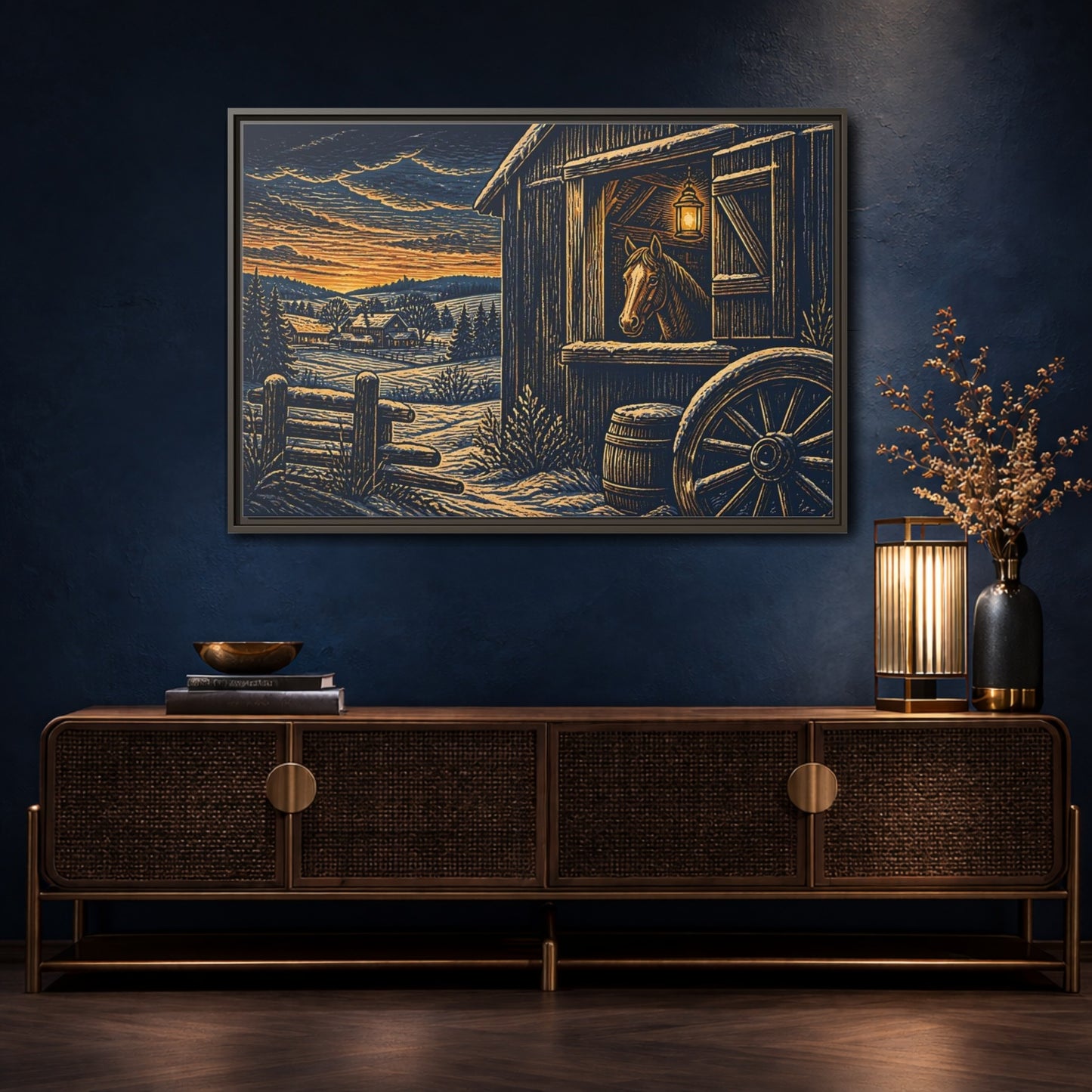 Mockup 4. Lantern-Lit Barn Horse shown as framed canvas print