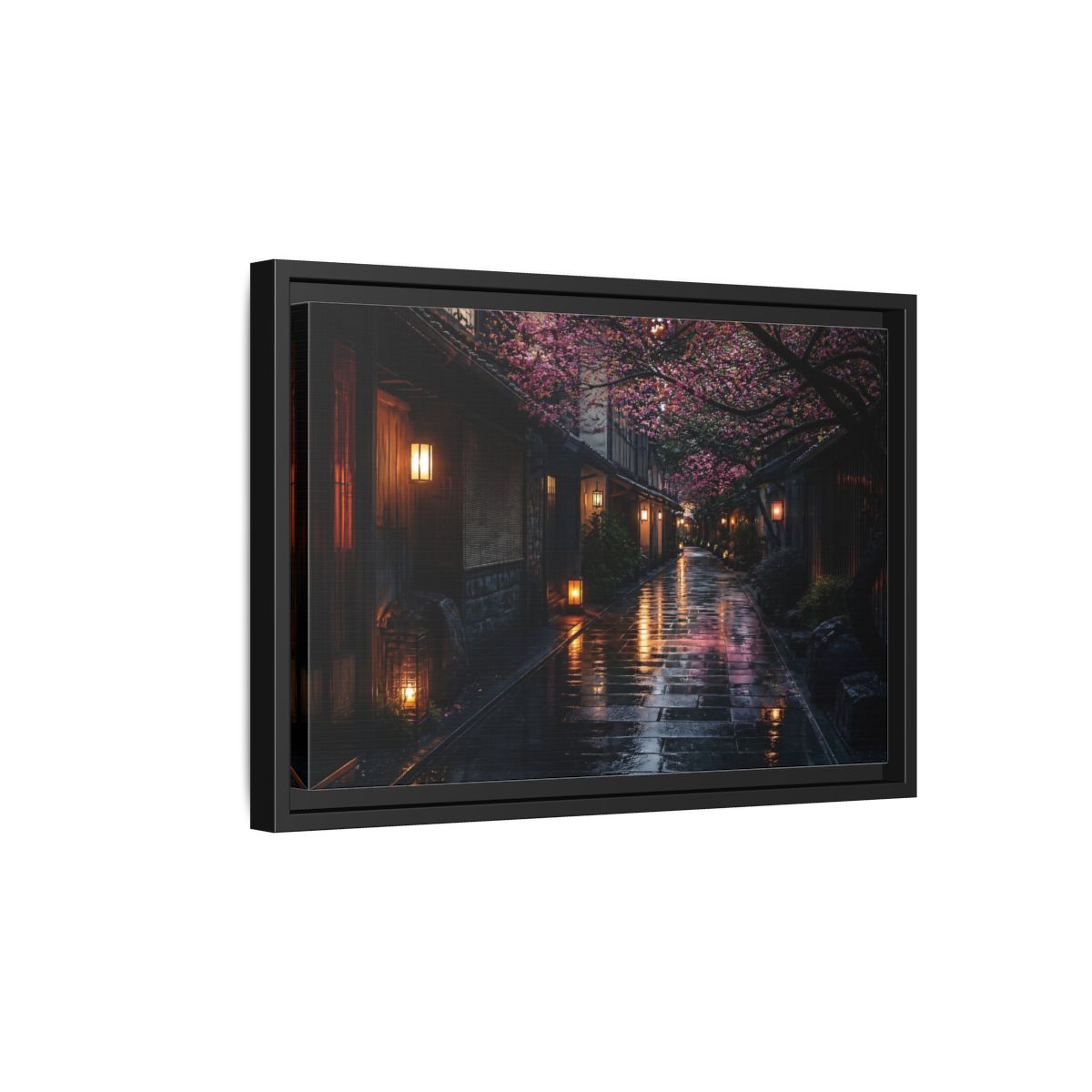 Side Mockup 6. Lantern-Lit Cherry Alley shown as framed canvas print