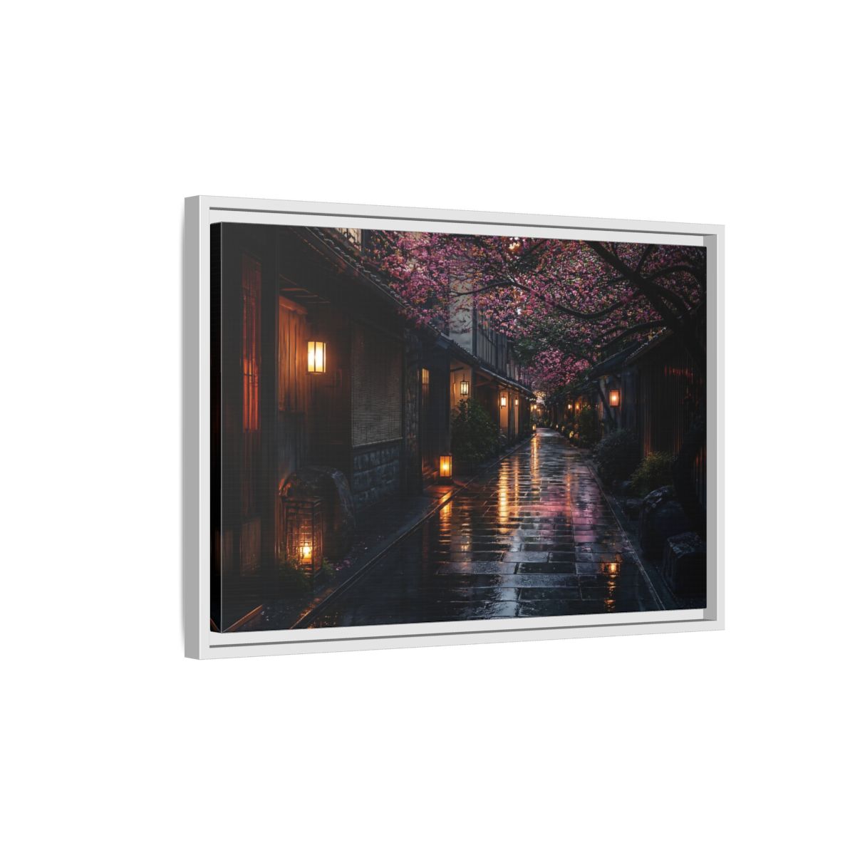 Side Mockup 1. Lantern-Lit Cherry Alley shown as framed canvas print