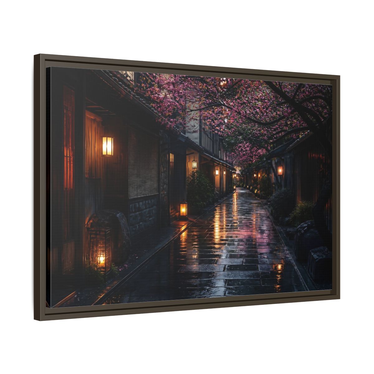 Side Mockup 11. Lantern-Lit Cherry Alley shown as framed canvas print