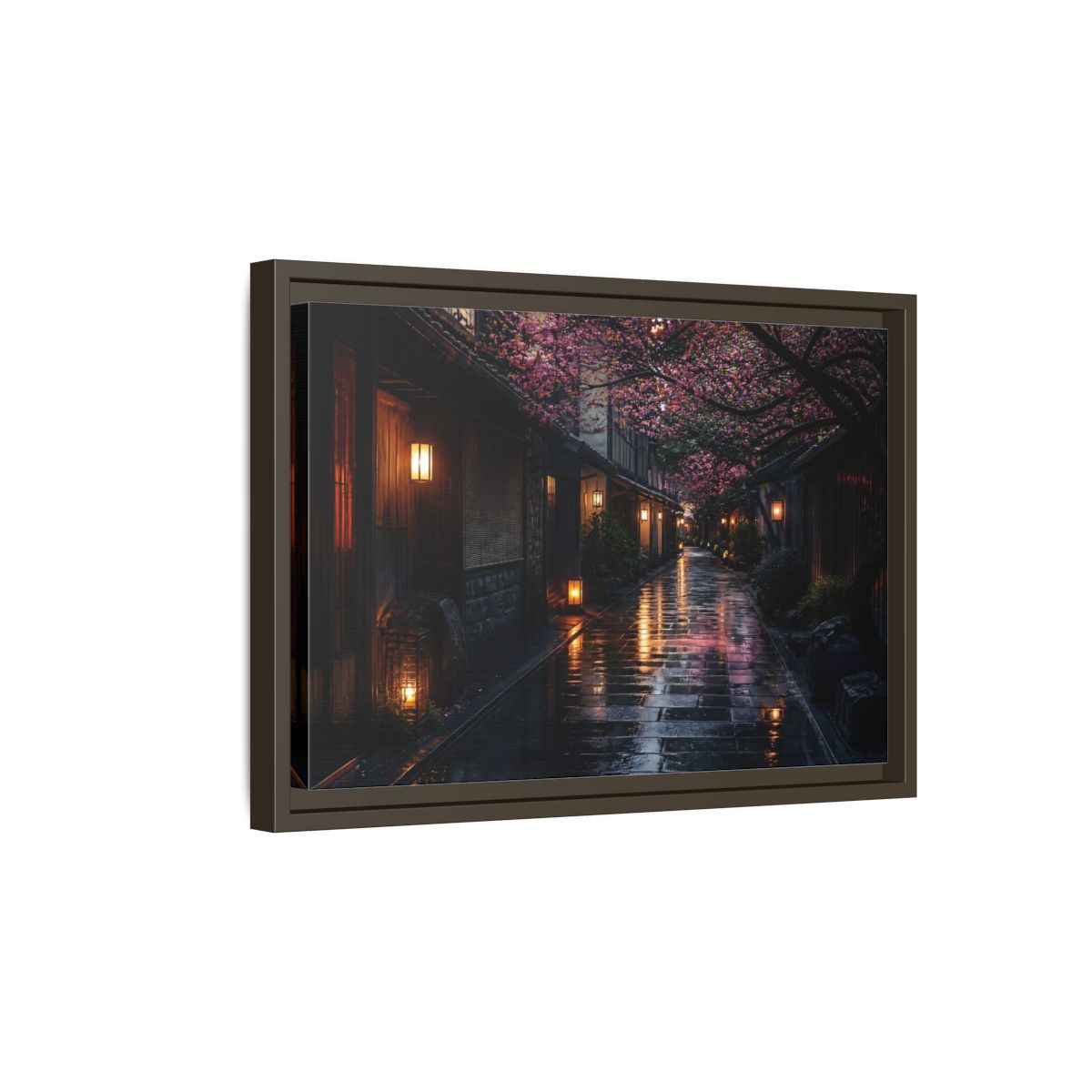 Side Mockup 5. Lantern-Lit Cherry Alley shown as framed canvas print