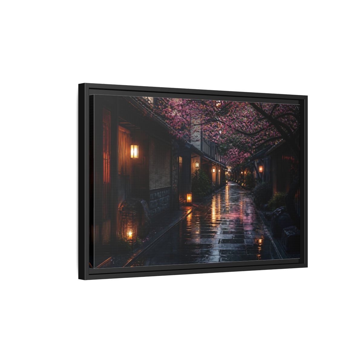 Side Mockup 3. Lantern-Lit Cherry Alley shown as framed canvas print