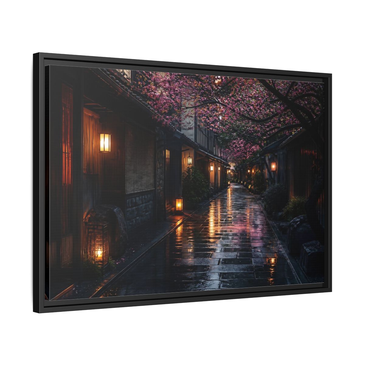 Side Mockup 14. Lantern-Lit Cherry Alley shown as framed canvas print