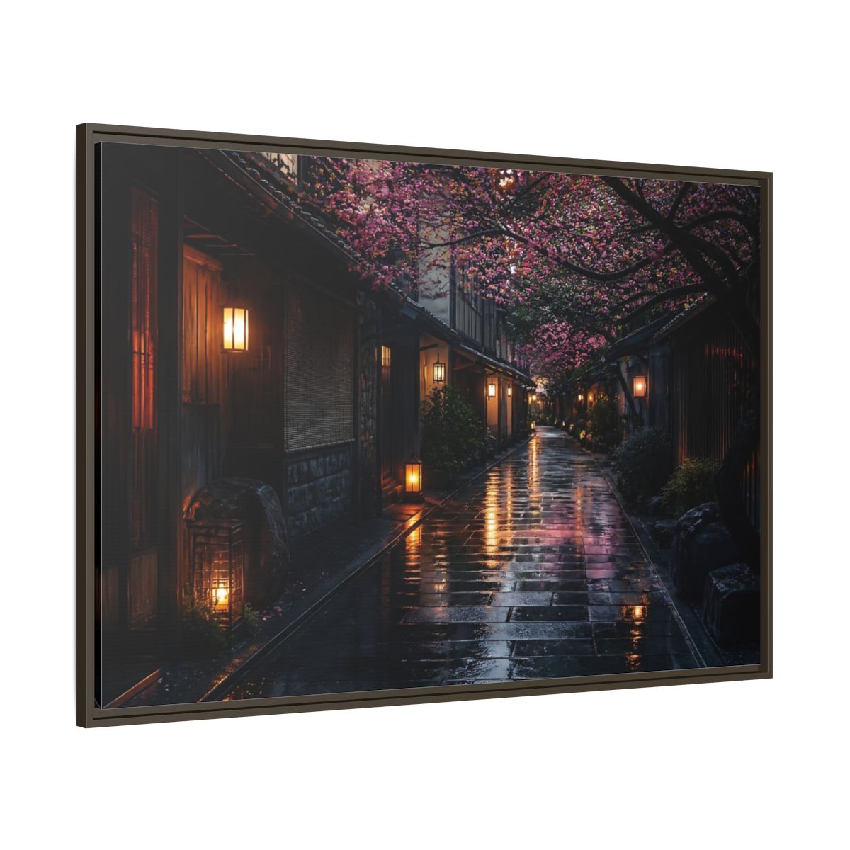 Side Mockup 8. Lantern-Lit Cherry Alley shown as framed canvas print