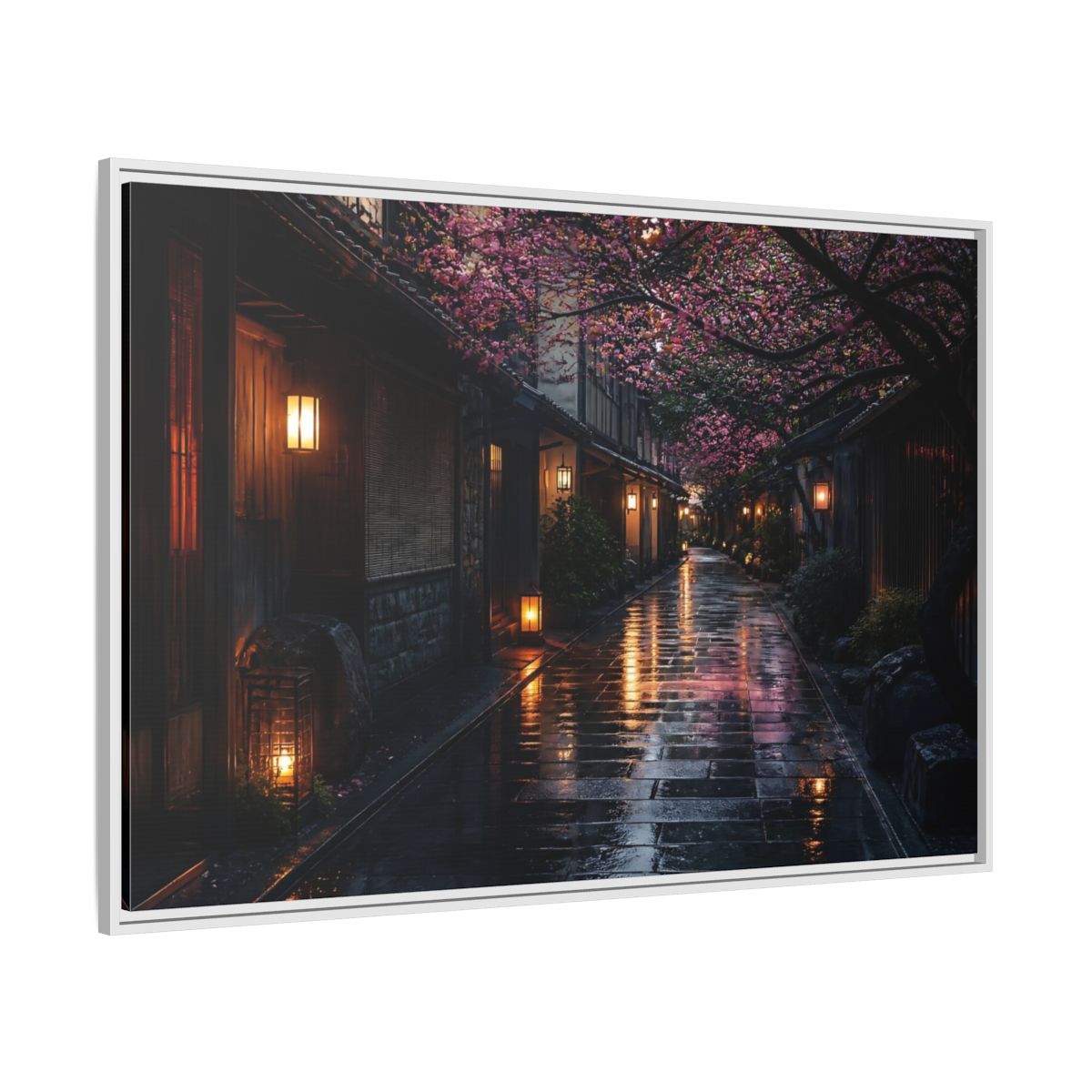 Side Mockup 7. Lantern-Lit Cherry Alley shown as framed canvas print