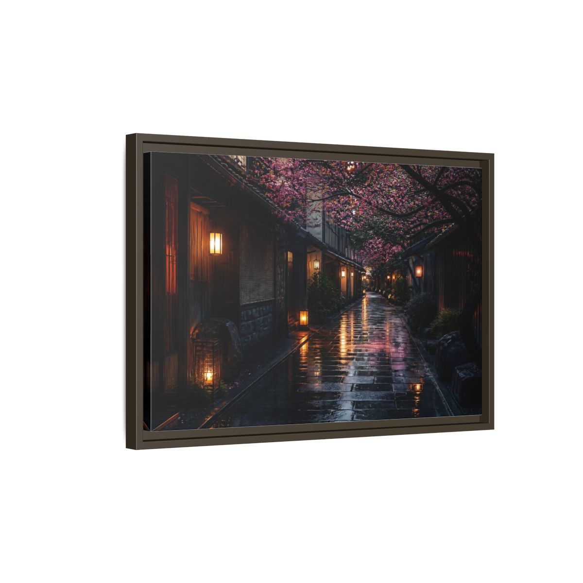 Side Mockup 2. Lantern-Lit Cherry Alley shown as framed canvas print