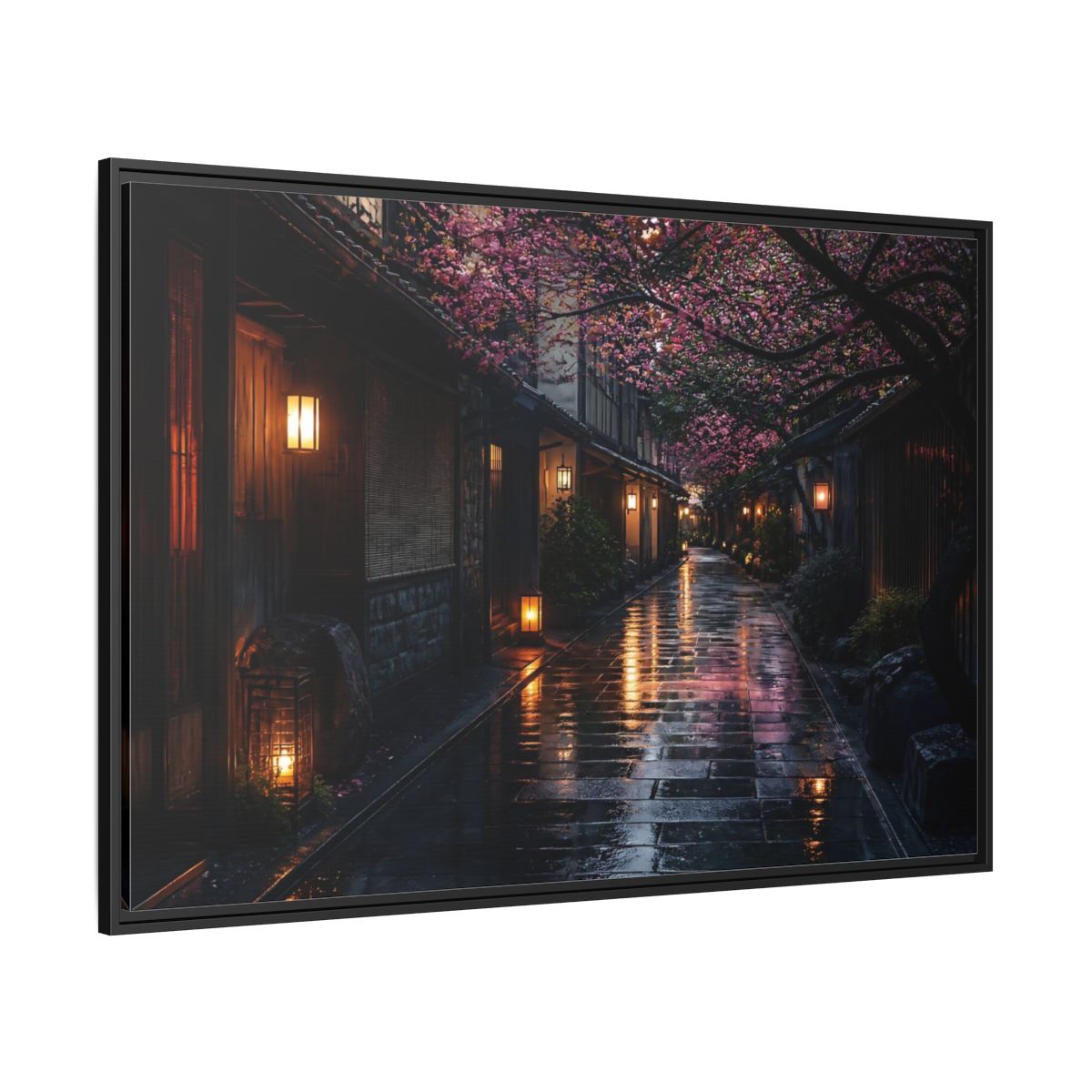 Side Mockup 12. Lantern-Lit Cherry Alley shown as framed canvas print