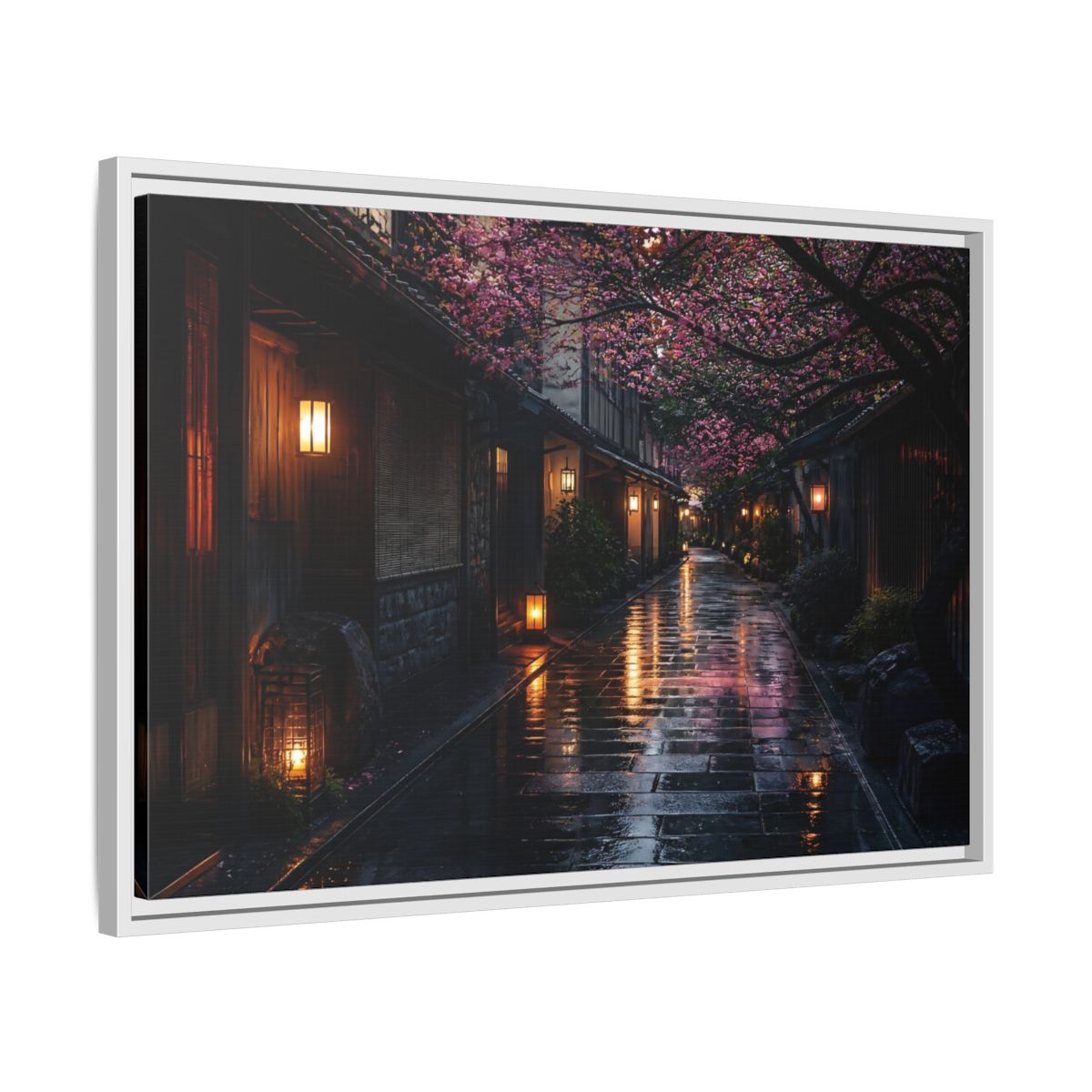 Side Mockup 10. Lantern-Lit Cherry Alley shown as framed canvas print