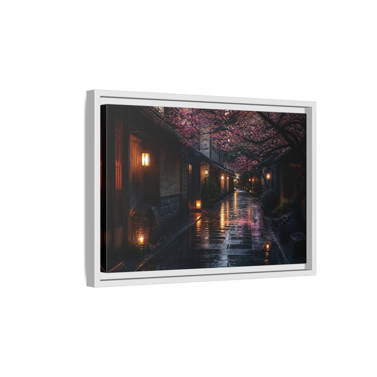 Side Mockup 4. Lantern-Lit Cherry Alley shown as framed canvas print
