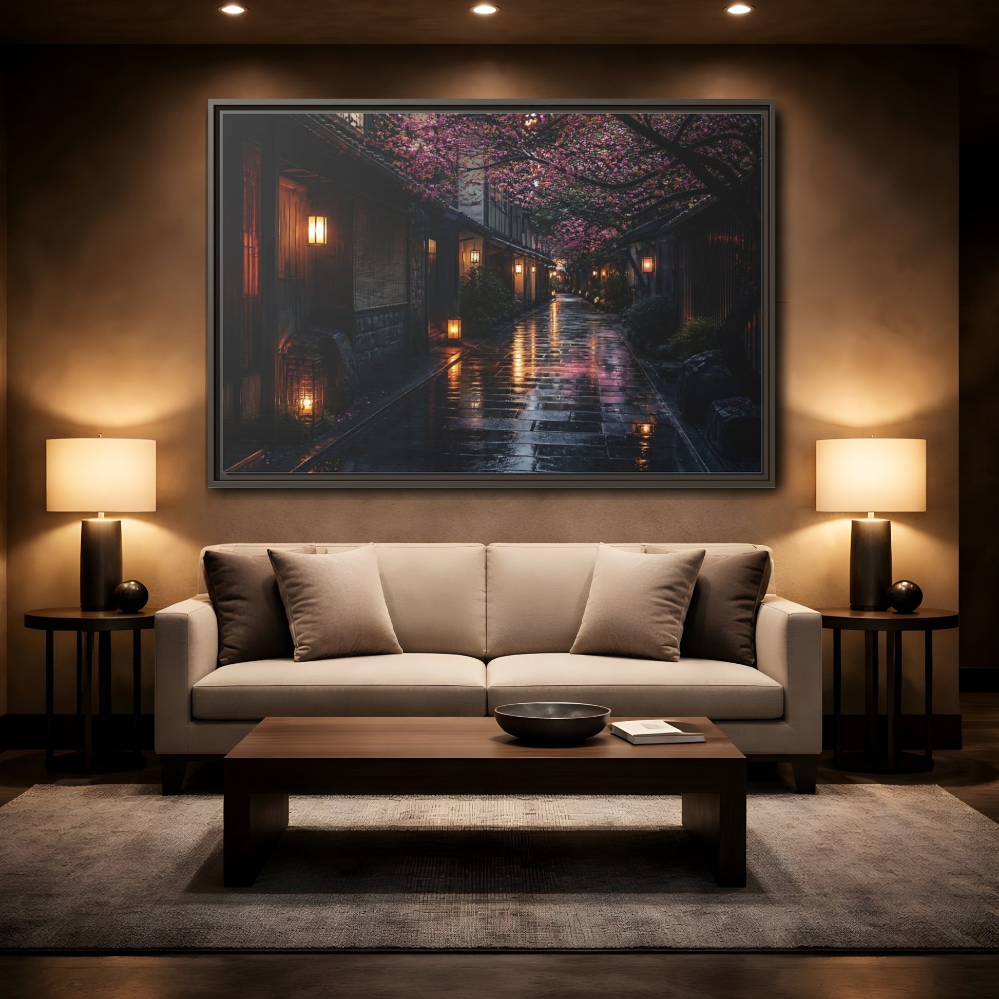 Mockup 2. Lantern-Lit Cherry Alley shown as framed canvas print