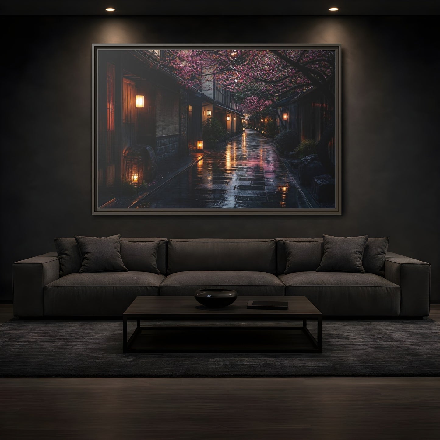 Mockup 3. Lantern-Lit Cherry Alley shown as framed canvas print