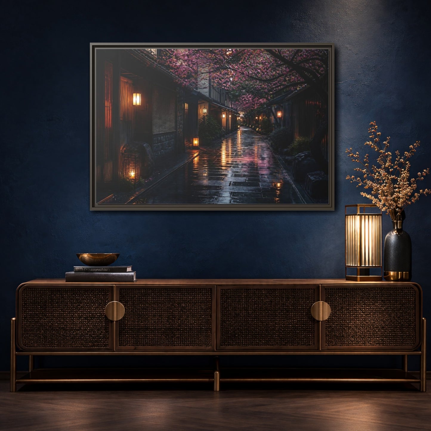 Mockup 4. Lantern-Lit Cherry Alley shown as framed canvas print